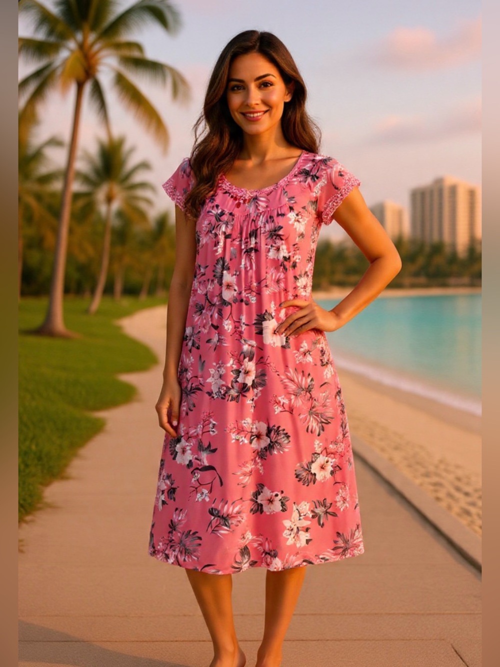 🍓Women's Pink Hibiscus Lounge Wear with Lace Trim (size M-L)